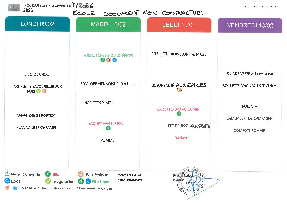 menu cantine du 9 au 13 février